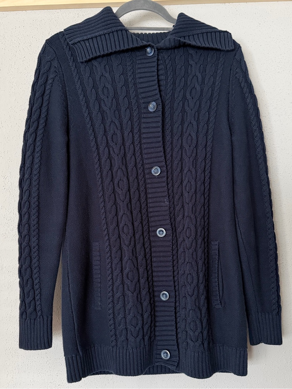 ⁠L.L. Bean 100% Cotton Cable Knit Long Button Front Cardigan Sweater Navy M REG⁠